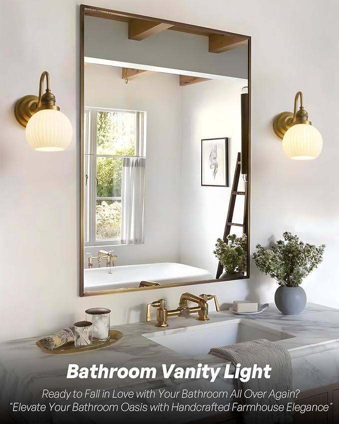 Milk Glass Wall Sconce Hardwired Bathroom Vanity Light with Striped Bowl Milk Glass Vintage Brass Wall Mounted Lights for Bathroom Mirror Living Room Bedroom Kitchen E26