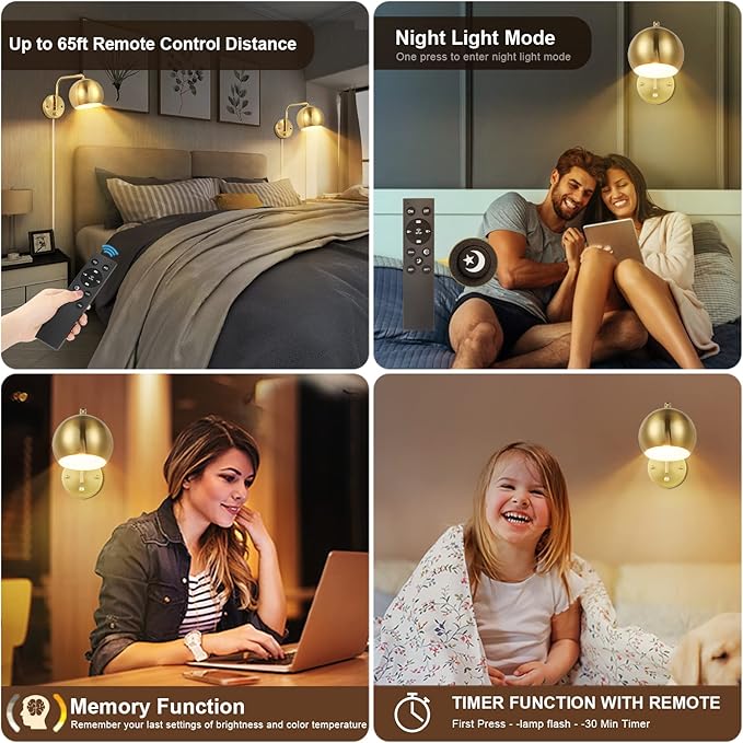 VATONI Wall Sconce with Remote Control, Plug in Wall Sconces Dimming 0-100% and Adjustable Color Temperature 2700K-6000K, Brushed Brass Globe Swing Arm Wall Lights with Plug in Cord(2 Pack, 2 Bulbs)
