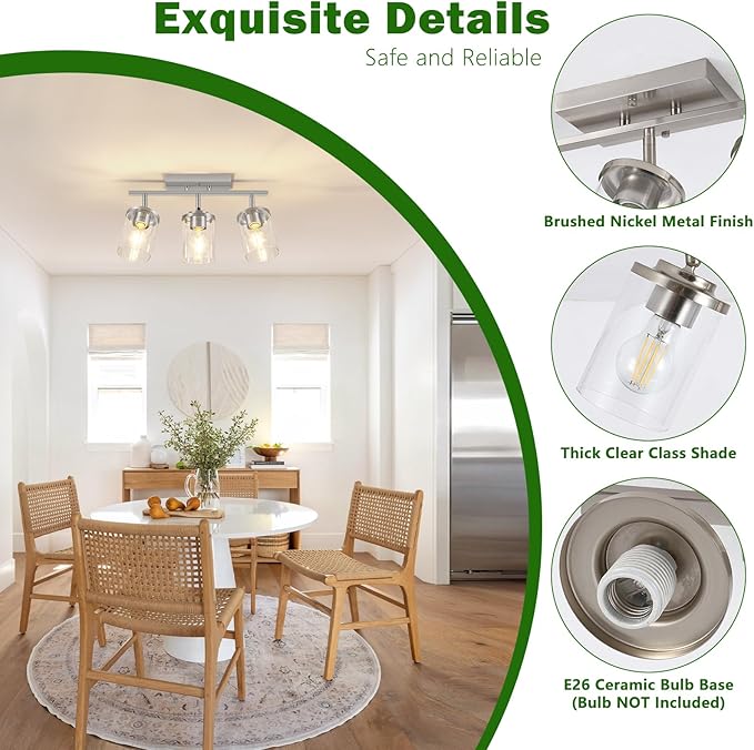 FadimiKoo 3-Lights Kitchen Light Fixtures Ceiling Mount, Brushed Nickel Adjustable Semi Flush Mount Ceiling Light with Clear Glass, Multi-Directional Track Spotlights for Kitchen Hallway Bathroom