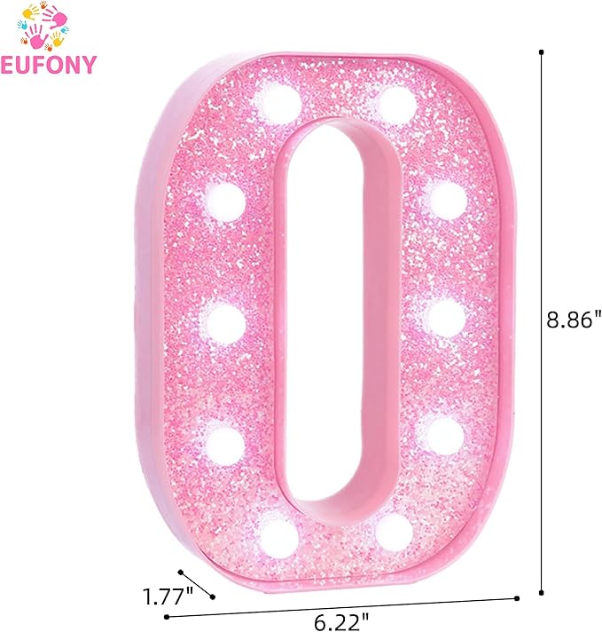 Pink Marquee Light Up Letters, Glitter Alphabet LED Letter Lights for Pink Birthday Party Decorations, Battery Operated Letter Sign for Girls Room Vanity Table Decor, Cool White Lights Letter O