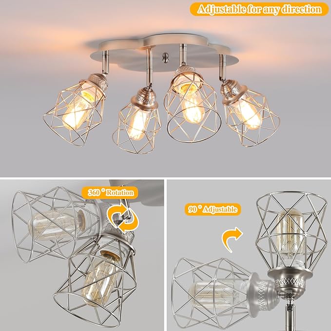 Kitchen Light Fixtures Ceiling Mount, Adjustable Semi Flush Mount Ceiling Light, Multi-Directional Lamp for Kitchen, Hallway, Dining Room, Farmhouse with E26 Base (Brushed Nickel 4-Light)
