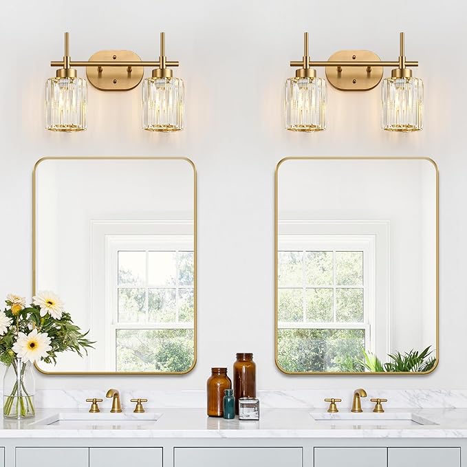 Modern Crystal Bathroom Vanity Light, 2-Light Brushed Gold Bathroom Light Fixtures with Clear Shades, Vanity Lighting Fixtures Over Mirror (Exclude Bulb)