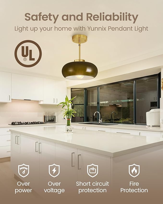 Yunnix Semi Flush Mount Ceiling Light, Gold Light Fixture, Mid-Century Modern Farmhouse Green Glass Small Light Fixtures for Hallway, Bathroom, Kitchen, Bedroom, Living Room, Closet, Laundry