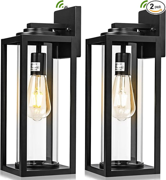 FILIYANO 16 inch Dusk to Dawn Outdoor Wall Light - 2 Pack Exterior Waterproof Outside Lighting, Modern Porch Sconces, Wall Mounted Fixtures, Industrial Anti-Rust Matte Black Lantern for Front Door
