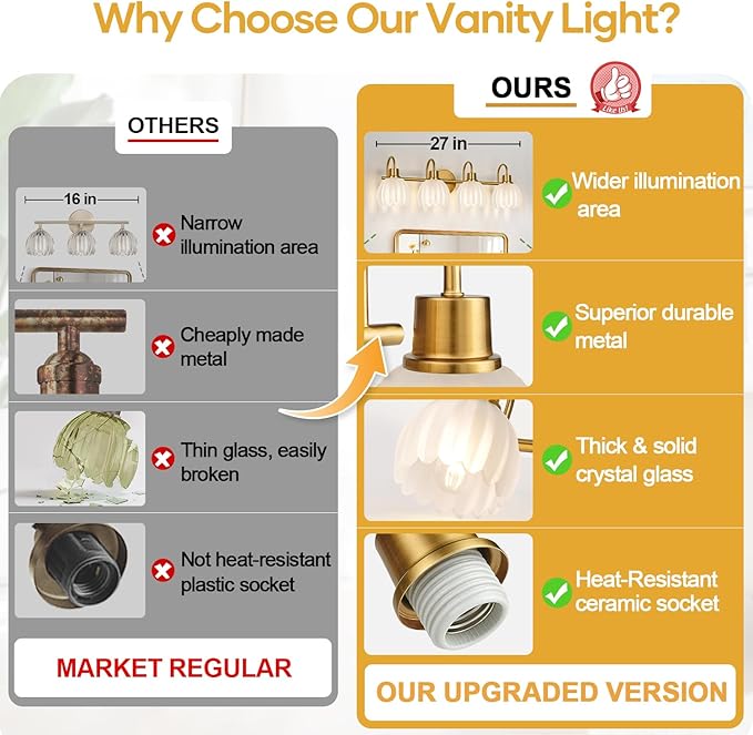 4-Light Bathroom Light Fixtures, 27" Brushed Gold Vanity Lights for Bathroom with Ribbed Frosted Clear Tulip Glass Shade, Vintage Bathroom Vanity Lighting Fixtures Over Mirror for Living Room Hallway