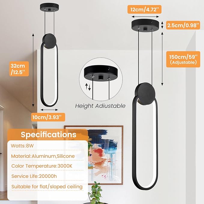Modern Pendant Lights 2 Pack, Black LED Pendant Light 3000K Dimmable, Adjustable Height Oval Pendant Light Fixtures for Kitchen Island Bedroom Bathroom