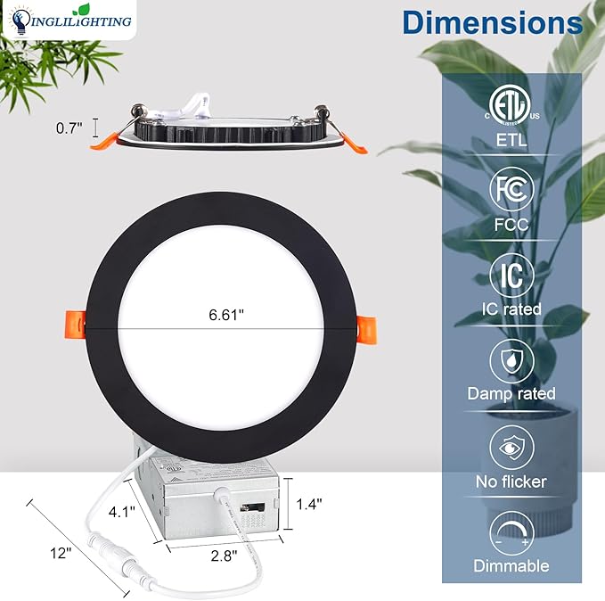 DLLT LED Recessed Ceiling Lights: Black 12 Pack 6 Inch 5CCT Ultra-Thin Lighting with Junction Box for Bedroom - 1200LM Brightness 12W Eqv 110W Dimmable Canless Wafer Downlight with ETL&FCC