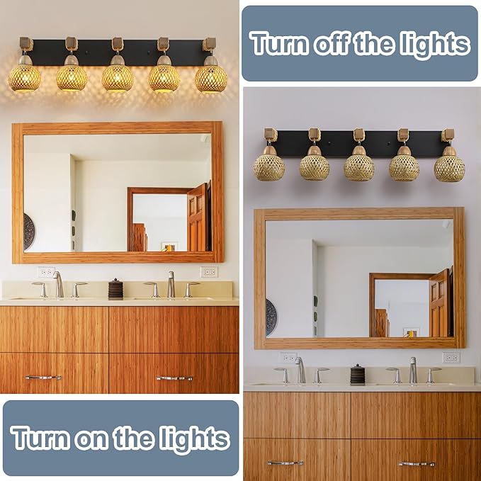 LmnLvn 5-Light Boho Vanity Light, Farmhouse Bathroom Light Fixture, Rattan Bathroom Light Fixture Over Mirror Rustic Vanity Lighting with Handmade Bamboo Shades, Suit for Restroom, Bedroom, Hallway
