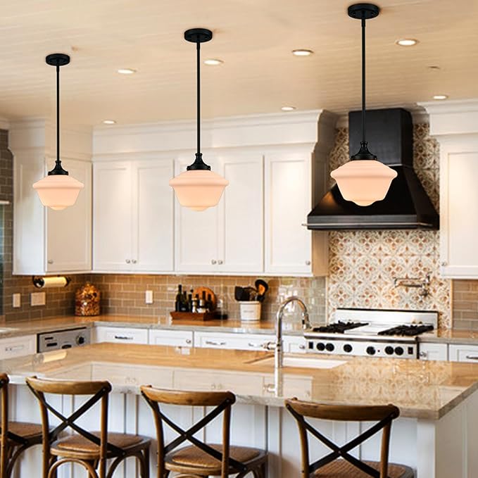 SAMTEEN 10-Inch Black Schoolhouse Pendant Light with White Glass Shade Schoolhouse Light Fixture Adjustable Height Modern Schoolhouse Pendant Lighting for Kitchen Island Dining Room Living Room