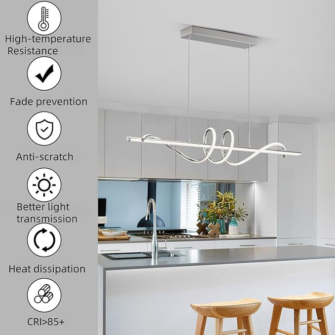 Modern LED Pendant Lights Kitchen Island,3000k-6000K Adjustable Color Dining Room Light Fixture,Dimmable with Remote Control Aluminum for Kitchen, Living, Dining,Bedroom(39in Chrome Silver