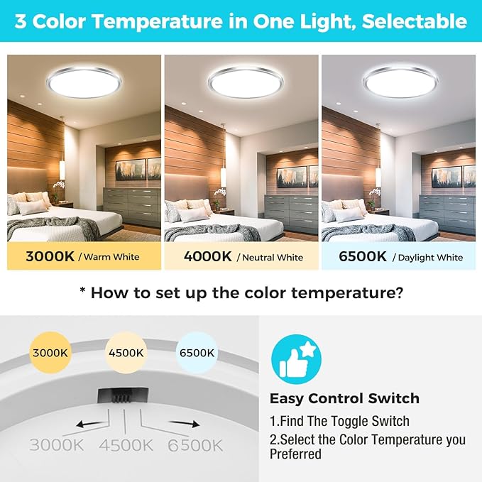 libtit 3Pack Led Ceiling Light 13Inch, 24W 2400Lm Bright Light Fixture Brushed Nickel, Adjustable 3000K/4500K/6000K, Modern Slim Flat Ceiling Lamp for Living Room Bedroom Hallway