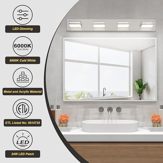 OKELI 4 Light Bathroom Vanity Light Brushed Nickel Modern 32W LED Dimmable Vanity Light Over Mirror 350° Adjustable Lamp Head Cold White 6000K ETL Listed 30Inch