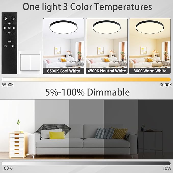 20 Inch Flush Mount Ceiling Light Fixture, Dimmable with Remote, 3000K-6500K Adjustable Color, 36W 3600Lm Ultra Thin Modern Round LED Ceiling Light, Black for Bedroom, Kitchen, Living Room