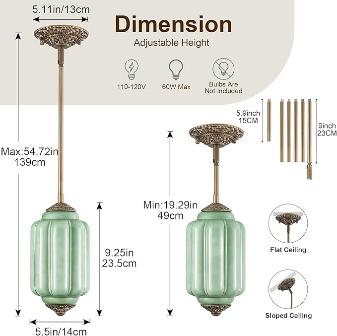 Vintage Milk Glass Pendant Light, 5.5" Semi Flush Mount Pendant Light, Brass Finish Green Glass Hanging Light Fixture for Kitchen, Dining Room, Bedroom, Hallway, Bathroom(Green, 1 Pack)