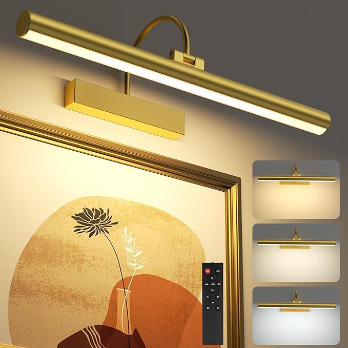 VOLISUN Picture Lights for Wall, 16 inch Rechargable Picture Light Battery Operated, 3 Color Temperatures Cordless Picture Light with Remote, Art Light for Paintings, Gallery, Portrait, 1 Pack (Gold)