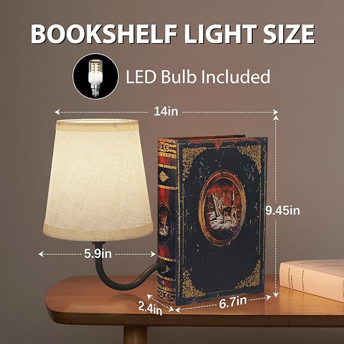 Vintage Bookshelf Lamp Rechargeable, Cordless Book Lamp with Linen Shade, Dimmable Touch Control Table Lamp, Modern Decorative Bookend, Bookshelf Lights for Office Home, Library, Study