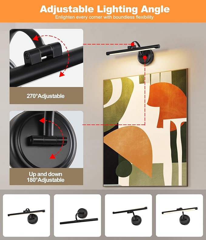 Tassuowell Rechargeable Picture Light for Wall, Cordless Art Lights Battery Operated, Dimmable Wall Light with Remote & Timer, 3 Color Modes for Paintings, Gallery, Artwork(Black, 15.7inch)