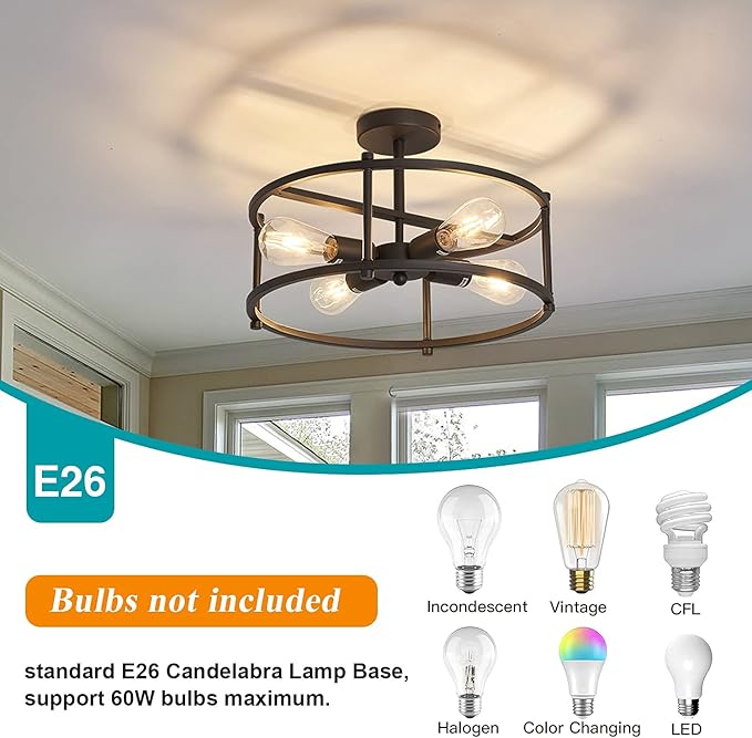 hesoge Industrial Semi Flush Mount Ceiling Light,4 Light Rustic Metal Ceiling Light Fixture,Black Farmhouse Chandelier for Kitchen Island Dining Room Hallway Entryway Bedroom Living Room.
