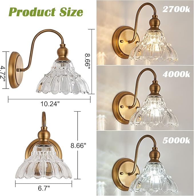 Vintage Brass Wall Sconce Bronze Bathroom Wall Light Made of Electroplated Copper Body and Pressed Patterned Glass Retro Vanity Lights for Bedroom, Doorway, Hallway