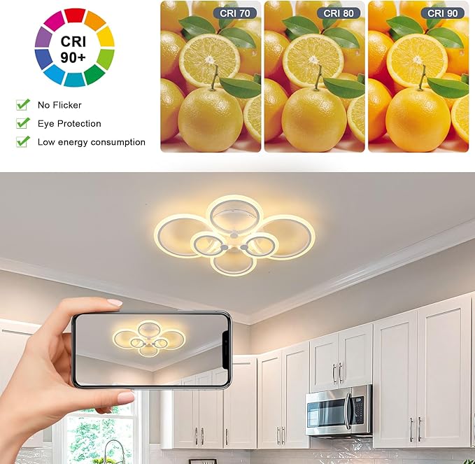 DELIPOP Modern Ceiling Light, 31.8'' Dimmable LED Ceiling Lights with Remote, White 6 Rings Flush Mount Ceiling Light for Kitchen, Bedroom, Living Room, Dining Room