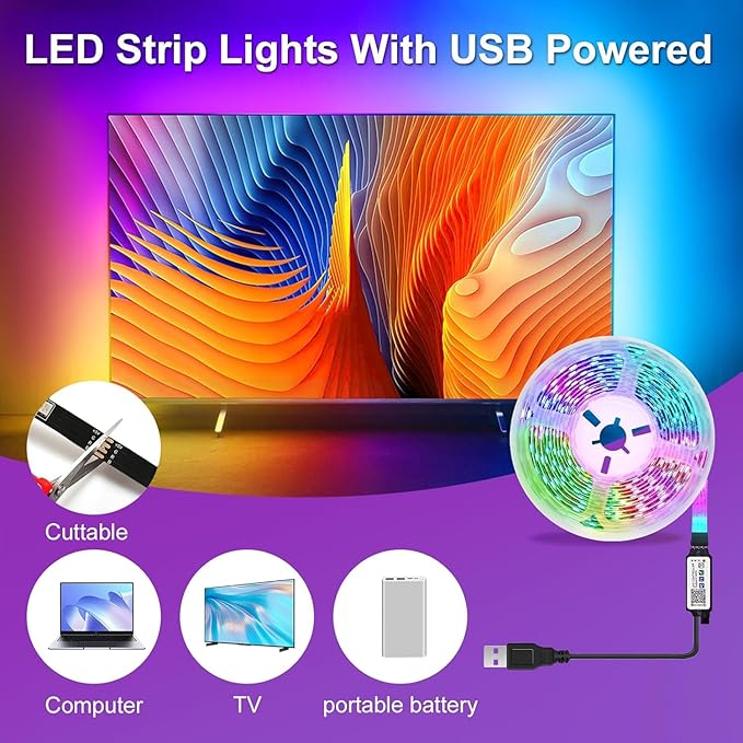 LED Lights for Bedroom, 65ft Smart RGB Music Sync Bluetooth App & Remote Control, USB-Powered LED Strip Lights, Gaming, Bedroom, PC, Home Theater,Parlor,Room