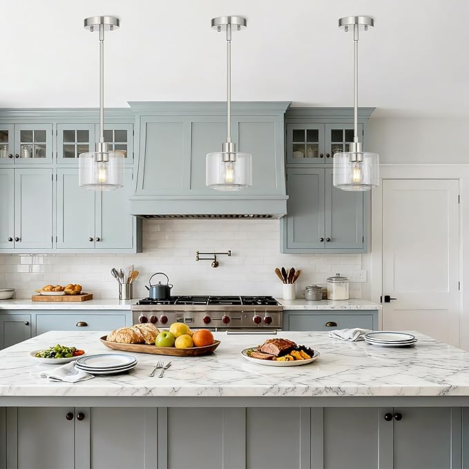 Brushed Nickel Pendant Lights Kitchen Island 2 Pack, Modern Clear Glass Hanging Light Fixtures with Rods, Mini Kitchen Pendant Lighting Over Island for Sink Bathroom, OS-YQ8153-2PBNC
