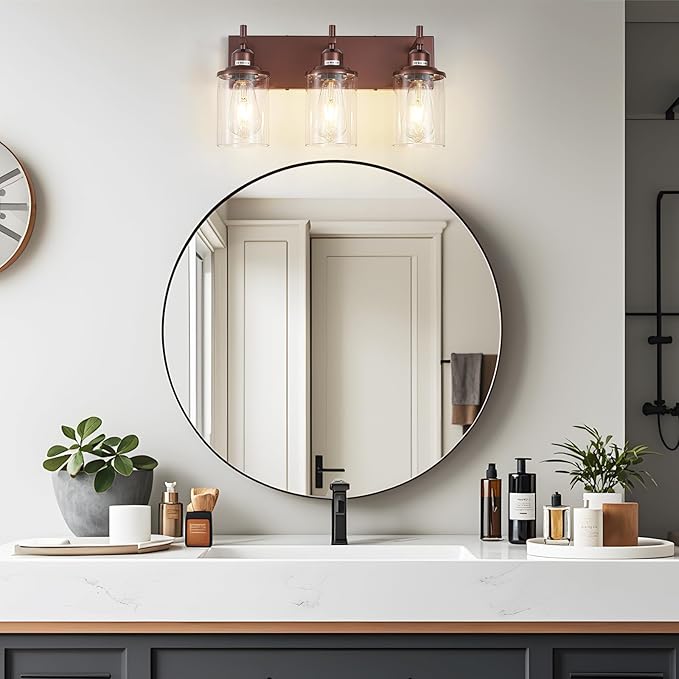 Lanhall 3-Light Bronze Bathroom Light Fixtures Over Mirror,Modern Bathroom Vanity Light with Clear Glass Shade, Wall Sconce for Bathroom Hallway Cabinet Bedroom Kitchen Living Room Foyer E26 Base