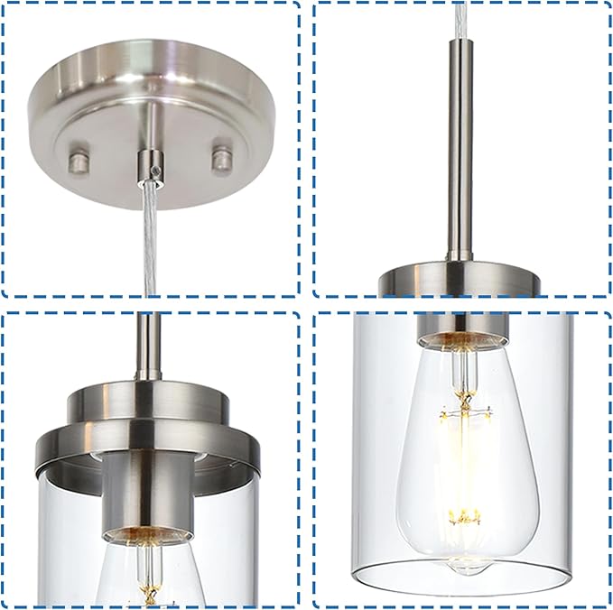 MELUCEE 2 Pack Pendant Lights Kitchen Island Brushed Nickel Adjustable Hanging Ceiling Lamp with Clear Glass Shade, Modern Glass Pendant Lights for Dining Table Hallway Living Room