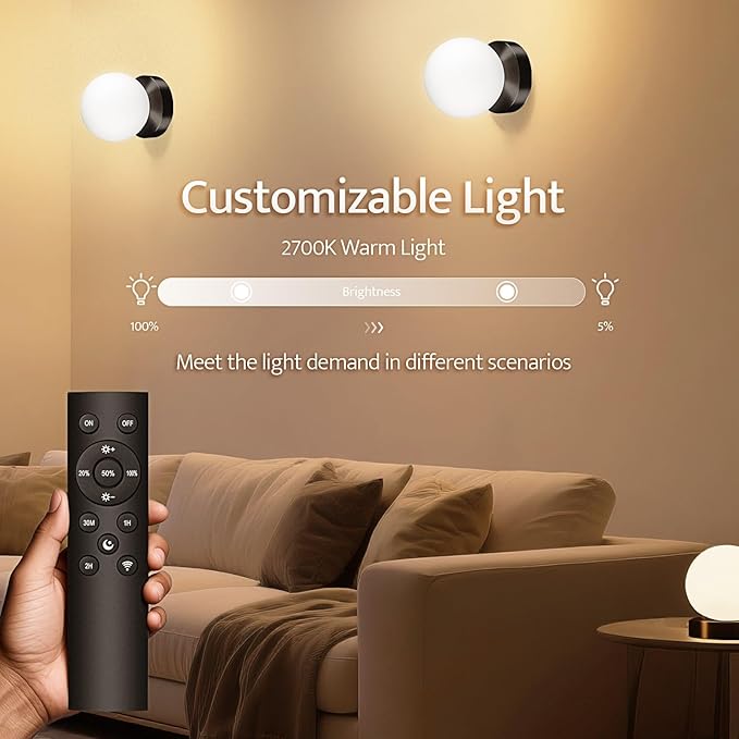 Battery Operated Wall Sconce Set of 2, Dimmable Wireless Black Wall Lamp with 14000mAh Rechargeable Battery, Portables Cordless Wall Light Fixtures for Painting Living Room Bedroom Bathroom