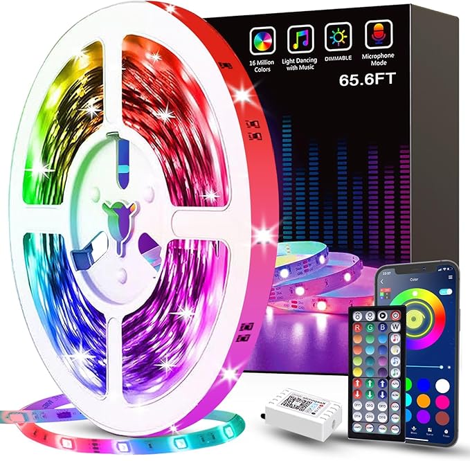 Tenmiro 65.6ft Led Strip Lights Smart Led Light Strips Music Sync Color Changing LED Lights App Control Led Lights for Bedroom Party Home Decoration