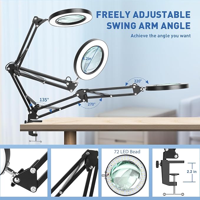 HITTI 10X Magnifying Glass with Light and Stand, Stepless Dimming 3 Color Modes LED Magnifier Lighted Glass, Hands Free Desk Lamp with Clamp for Reading Repair Crafts Close Work