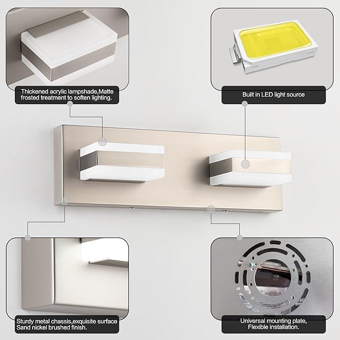 SOLFART 2 Light Brushed Nickel Vanity Lights for Bathroom Over Mirror, Modern LED Lighting Fixture, 14 Inch Cool Light