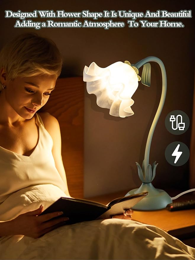 AQDZCNF Flower Table Lamp,LED Reading Light Bedside Vintage Flower Night Light,3 Colors Modes Kawaii Bedside Lamps Decor,Living Room Bedroom Room Lighting Table Lamps Home Decoration (Green)