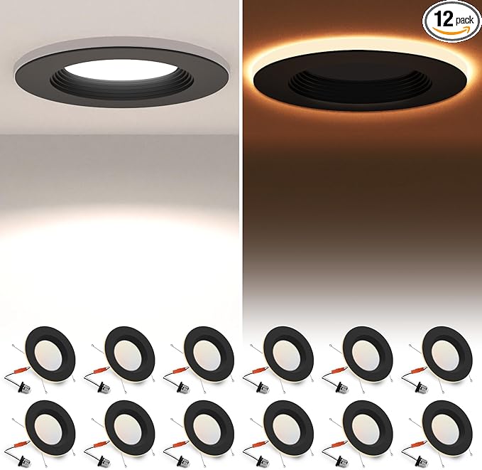 POWERASIA 12 Pack Black 5/6 Inch LED Can Lights with Night Light, 5CCT Retrofit Recessed Lighting Selectable 2700K-6000K Dimmable, 12W=75W, 1200LM Downlight with Metal Smooth Trim-ETL and Energy Star