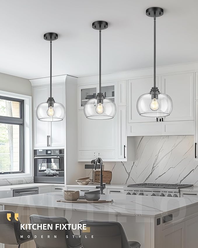 AUTELO 2 Pack Matte Black Pendant Lights, Kitchen Pendant Lights Over Island with Clear Drum Glass, Island Pendant Lights for Kitchen Dining Room Bar, H9385 BK-R-2PK