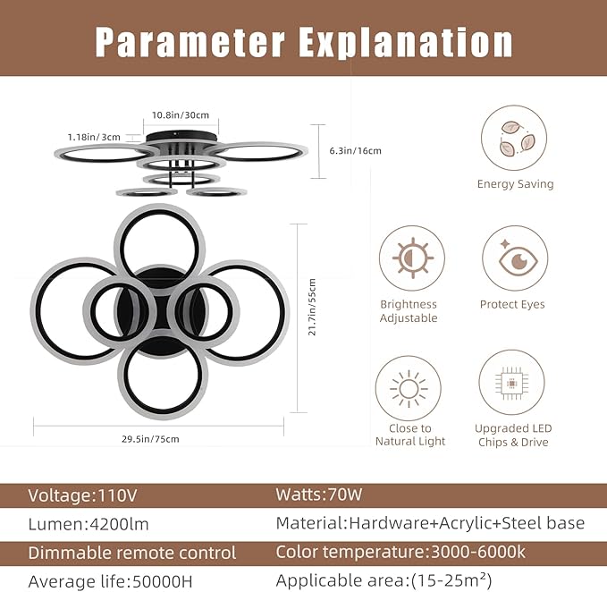 Modern LED Ceiling Light,Dimmable Ceiling Lights for Bedroom,70W Flush Mount Ceiling Light,6 Rings Lighting Fixture LED Ceiling Lamp for Kitchen,Living Room,Laundry Room,3000-6000K,Black