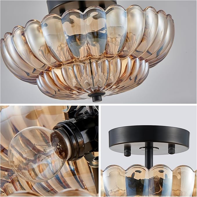 XINGQI Modern Black Semi Flush Mount Ceiling 3-Light 11.8“ Amber Glass Close to Ceiling Light Fixtures for Bedroom Living Room Entryway Hallway