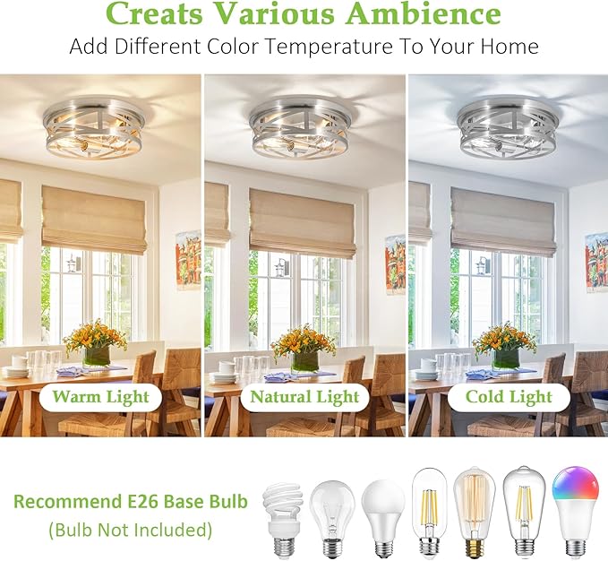 3-Light Flush Mount Ceiling Light Fixture, Farmhouse Ceiling Lights for Kitchen, Modern Black Close to Ceiling Light for Hallway Bedroom Balcony Porch Stairway, E26 (Silver, 1 Pack)
