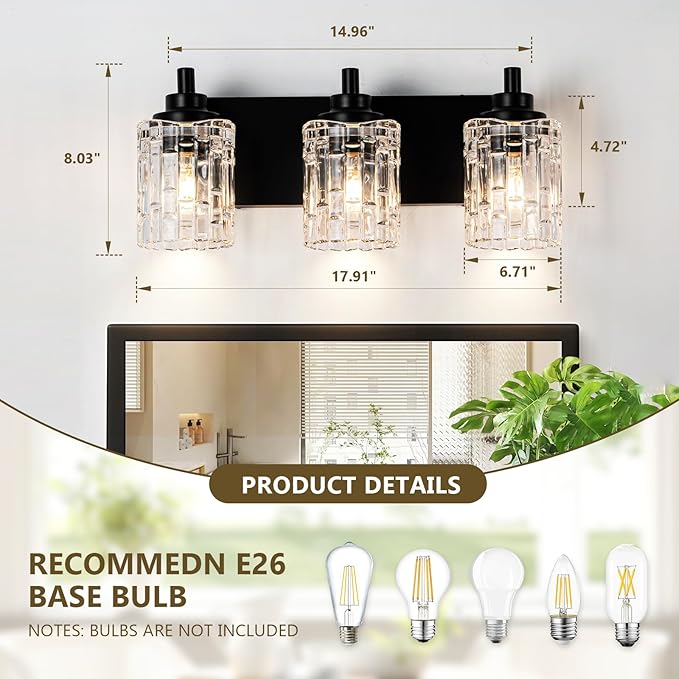 Bathroom Light Fixtures, 3-Light Black Bathroom Vanity Light, Modern Wall Sconces with Clear Glass Shade, Black Wall Lights for Mirror Kitchen Bedroom Hallway, E26 Base