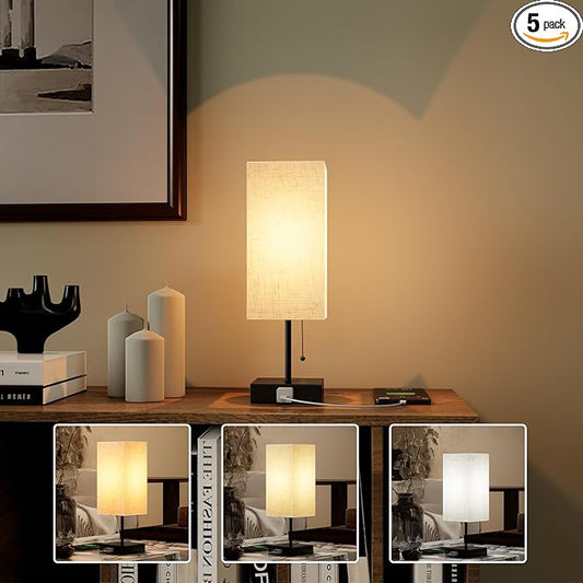 YIDPU Table Lamp for Bedroom,Nightstand Lamp for Bedside with AC Outlets,Adjustable 3color LED Light Desk Lamp for Home Decor,Included Bulb and Lamp Shade (Linen White-onlyAC, 1PCS)