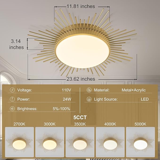 D23.6 In. LED Dimmable Ceiling Lights Flush Mount, Kids Ceiling Light Fixture, Nursery Light Fixture Brass Firework Flower Ceiling Light for Kids Room Bedroom Nursery Ceiling Light 5CCT 2700K-5000K