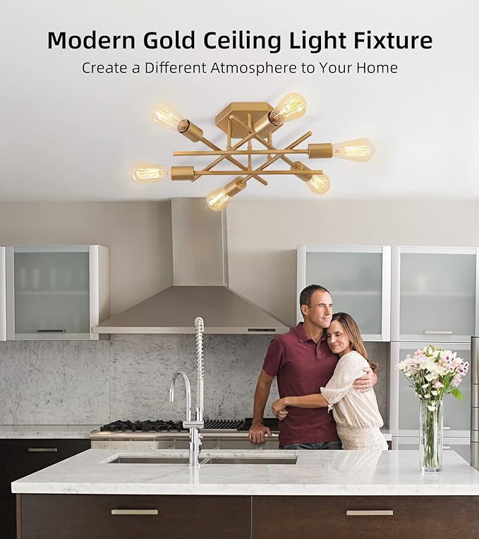 AIHYING Semi Flush Mount Modern Ceiling Light Fixture, Gold 6-Light Modern Mid-Century Chandelier Light Fixture for Hallway Bedroom Dining Room Entryway Foyer UL Listed