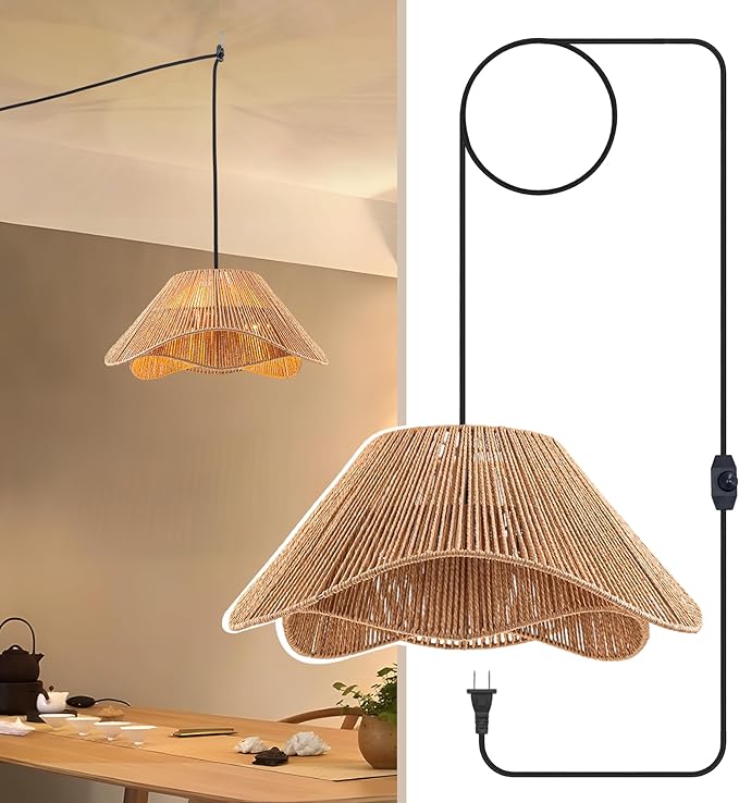 LumStory Rattan Plug in Pendant Light for Ceiling Farmhouse Boho Woven Hanging Lights with Plug in Cord, Rustic Hanging Lamp with Dimmable Switch, Wicker Chandelier for Dining Room, Bedroom, 3-Light