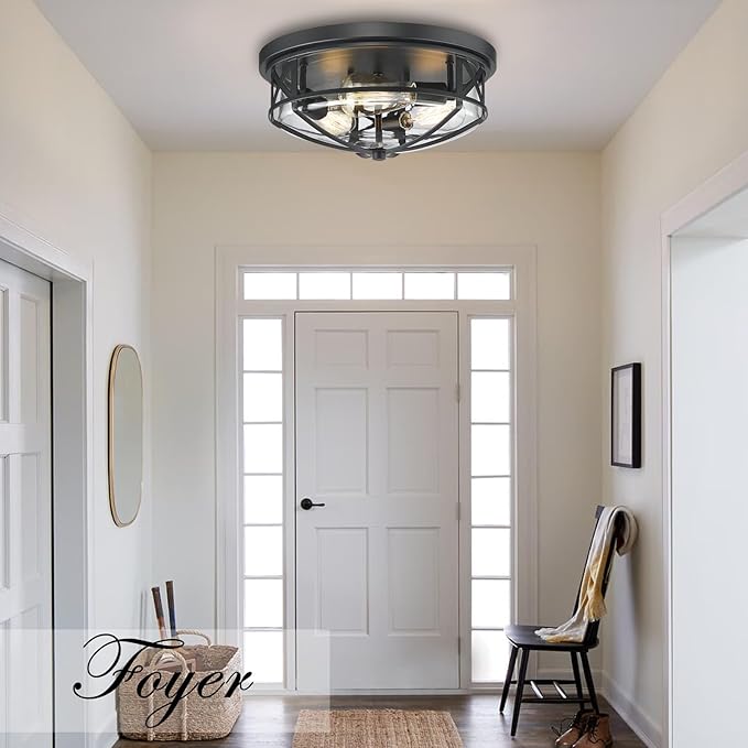 Darkaway 15inch Ceiling Light Fixtures Large Flush Mount Light Fixtures with Clear Glass Shade, Indoor Outdoor Ceiling Light for Hallway Entryway Bathroom Stairway Porch Kitchen 3-Light E26