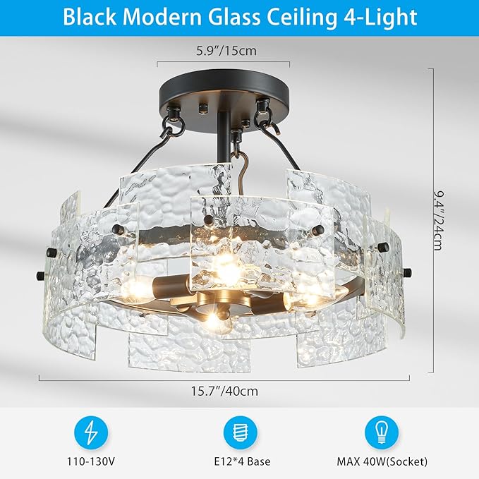 XINGQI Black Ceiling 4-Light Modern Farmhouse Water Ripple Glass Ceiling Lighting Fixture 15.7" Drum Ceiling Lights for Bedroom Dining Room Living Room Hallway Entryway