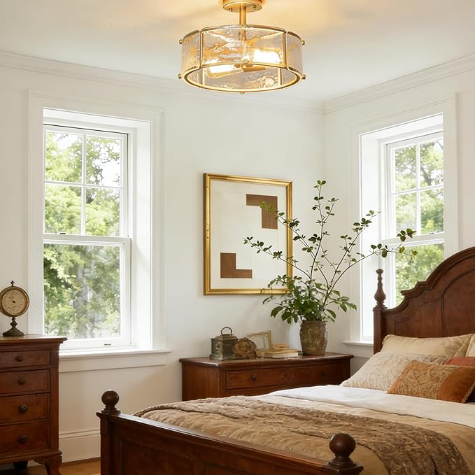 12.8" Modern Gold Semi Flush Mount Ceiling Light Fixture, 2-Light Glass Drum Ceiling Light, Small Hammered Glass Ceiling Lights for Dining Room Foyer Kitchen Hallway Entryway
