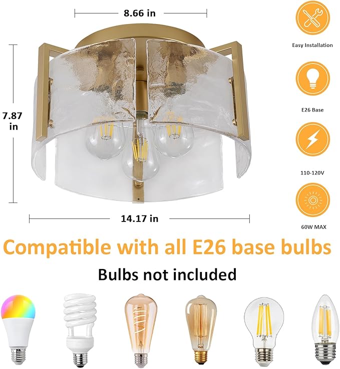 Modern Semi Flush Mount Ceiling Light Fixture, Gold Hallway Light Fixtures Ceiling Mount, Dimmable Foyer Kitchen Lighting Fixtures Ceiling Lights for Bedroom Bathroom Dining Room Laundry Room Entryway