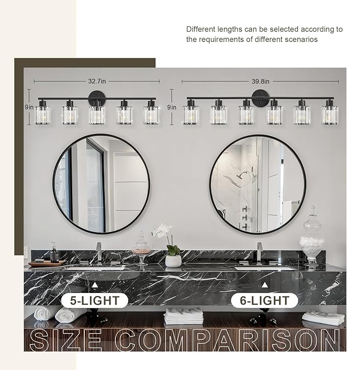 Crystal Bathroom Light Fixtures, Bathroom Lighting Fixtures Over Mirror, Modern Black 5-Light Vanity Lights for Mirror,Restroom, Bedroom (Ceramic E26 Socket,Bulbs Not Include)