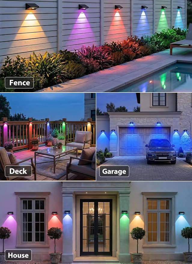 Solar Fence Lights Outdoor,White & RGB 8 Colors 8Pack Fence Lights Solar Powered Ultra-Bright LED Lens IP65 Waterproof Solar Patio Lights for Outside,Deck/Flood/Backyard/Yard /Step/Railings/Wall
