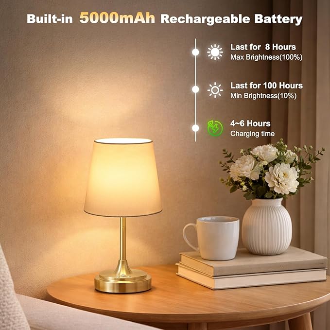 Wowag Small Cordless Table Lamp Rechargeable,5000mAh Battery Operated Desk Lamp,3 Colors & 7 RGB Stepless Dimmable,Touch Ambient Light for Bedside,Bedroom,Dining Room,Living Room,Gold,WhiteShade